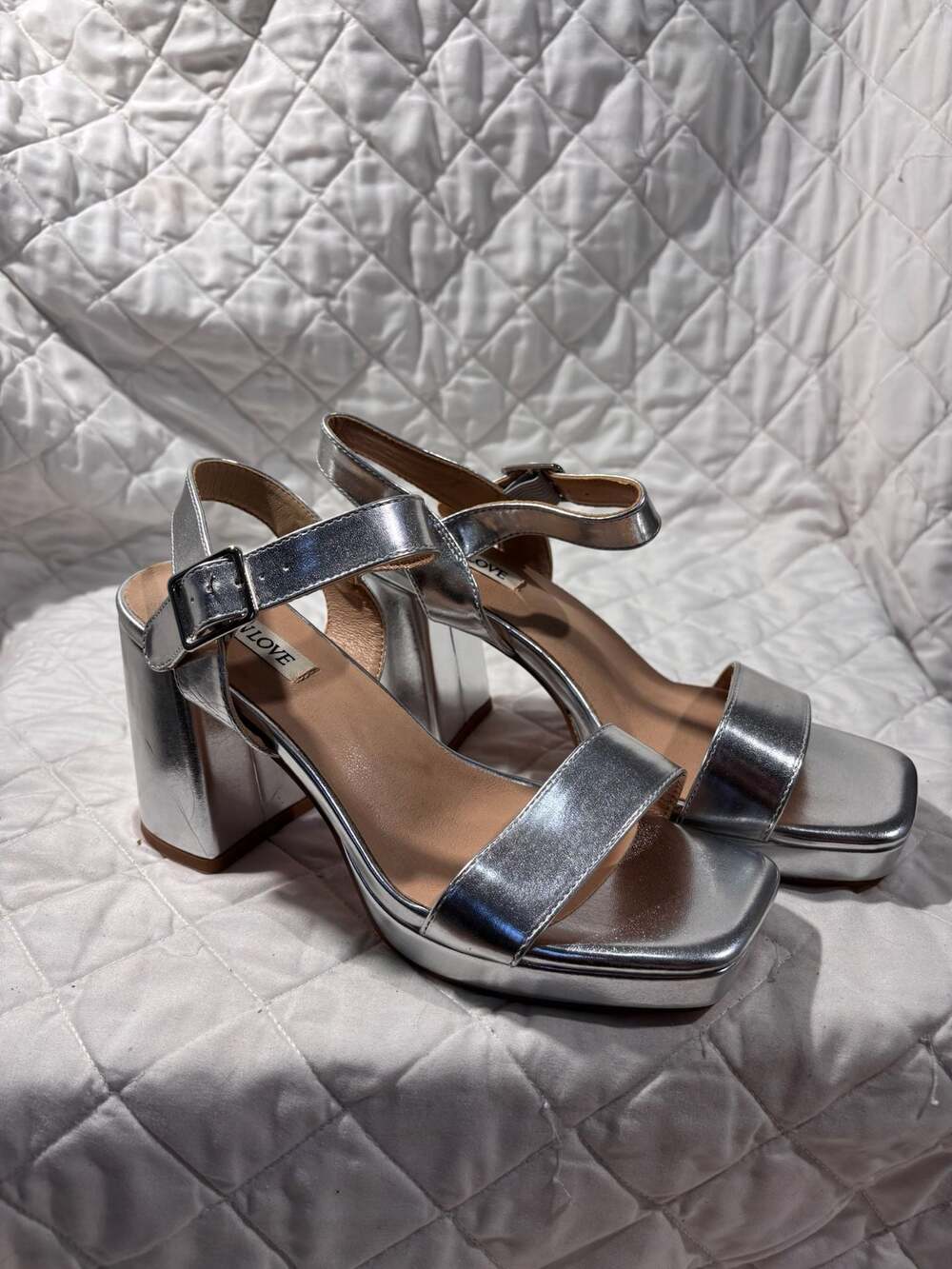 JOY IN LOVE Silver Metallic Ankle Strap Platform Block Heel Sandals